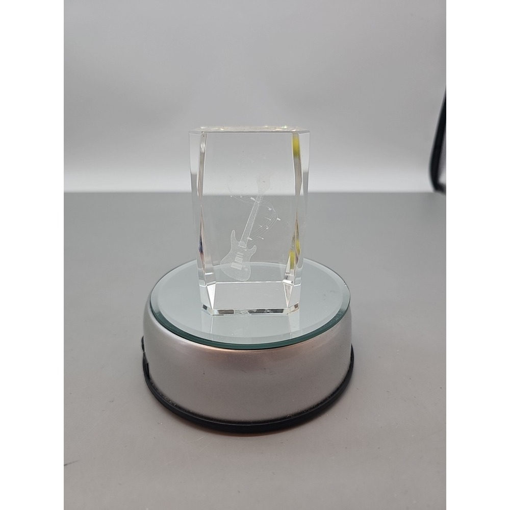 3D Laser Etched Glass Cube Guitar Music Notes Paperweight 2" x 3" W/ Stand